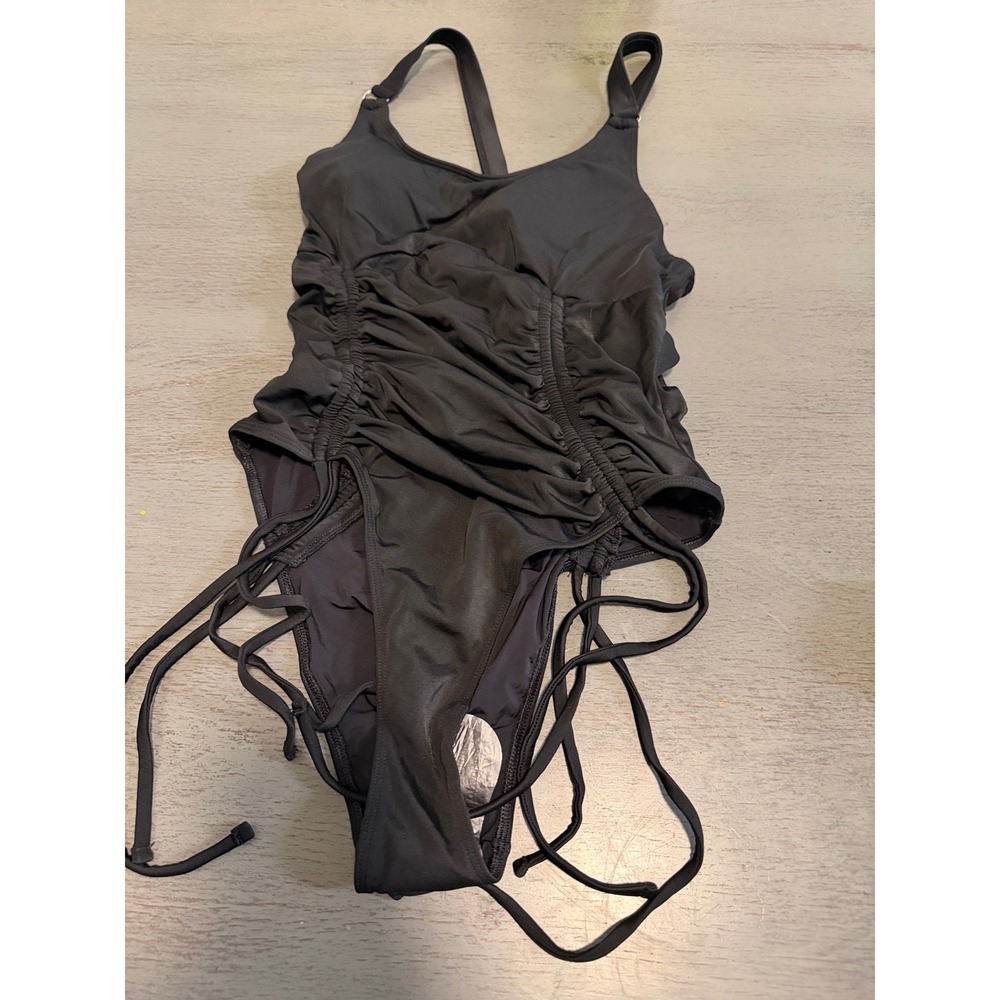 Fashion Nova Black Ruched Lace Up One Piece Swimsuit Size M Adjustable Straps